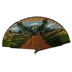Vintage MCM Hand Painted Scenic Landscape Folding Fan Tropical